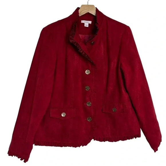 Dressbarn L faux suede rich red ruffle trimmed button down jacket - Picture 1 of 5